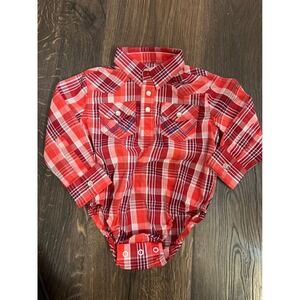 Wrangler Baby Boys Red Plaid Long Sleeve Snap Front Bodysuit 12 Months